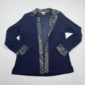 TanJay Cardigan Womens Small Navy Blue Paisley Trim Open Front Blazer Jacket Top